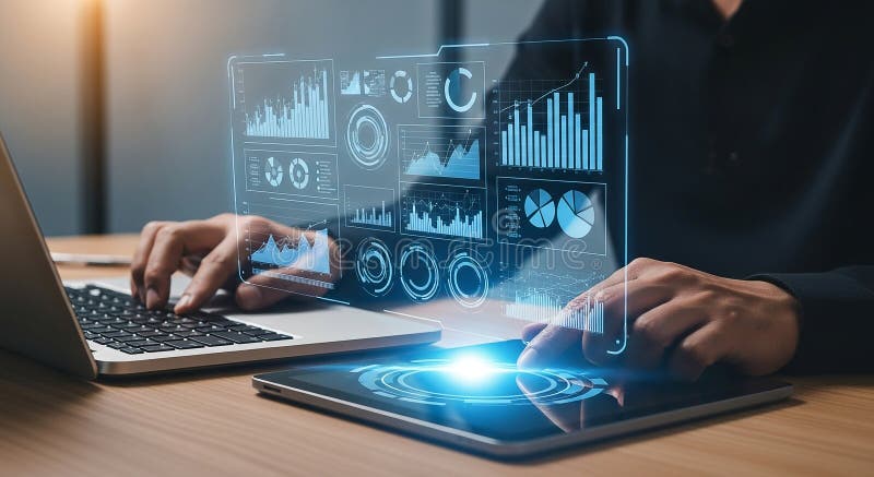 Persona che utilizza laptop e tablet con interfaccia digitale che visualizza grafici e strumenti di analisi dati illustrazione di stock