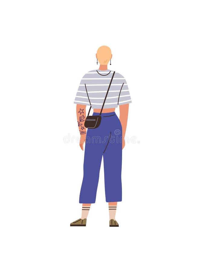 Persona con capelli corti e tatuaggi con camicia a strisce e borsa incrociata royalty illustrazione gratis
