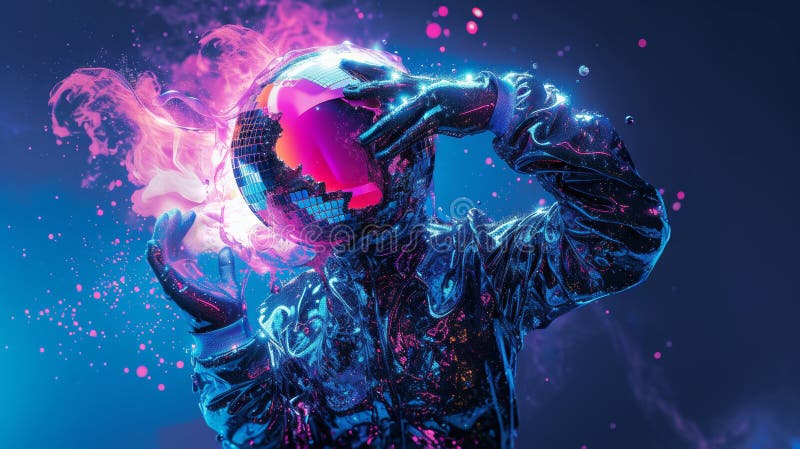 Persona con traje futurista sosteniendo una brillante bola disco imagenes de archivo
