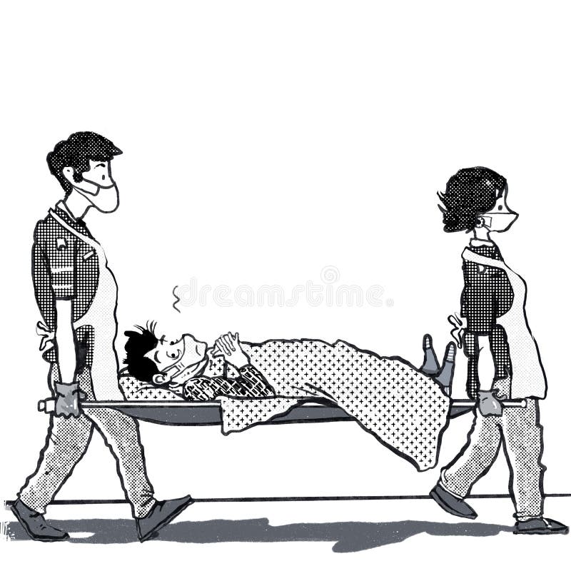 Black and white cartoon of two health workers carrying an ill patient on a stretcher. The patient is looking at the viewer. Black and white cartoon of two health workers carrying an ill patient on a stretcher. The patient is looking at the viewer.