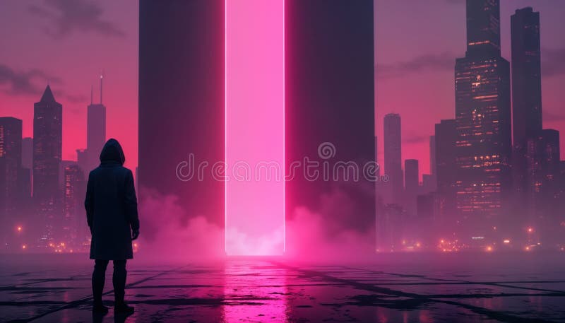 Persona frente al vibrante portal de neón en ciudad futurista. misterioso paisaje urbano lleno de brillantes estructuras tecnológi stock de ilustración