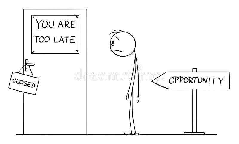 Persona frustrada mirando la puerta de la oportunidad cerrada yendo demasiado tarde ilustración de vectores de dibujos animados libre illustration
