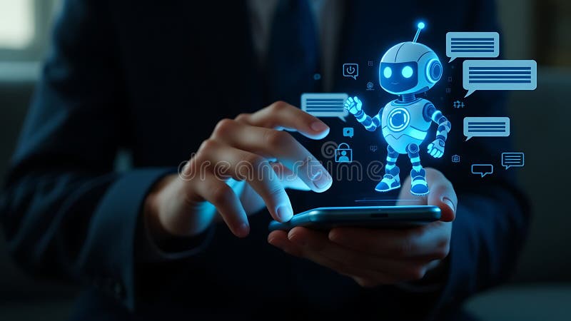 Persona interactuando con un robot de chat holográfico en un smartphone libre illustration