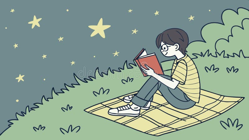 Persona leyendo un libro al aire libre, cielo nocturno, aprendizaje, diseño vectorial, IA generativa libre illustration