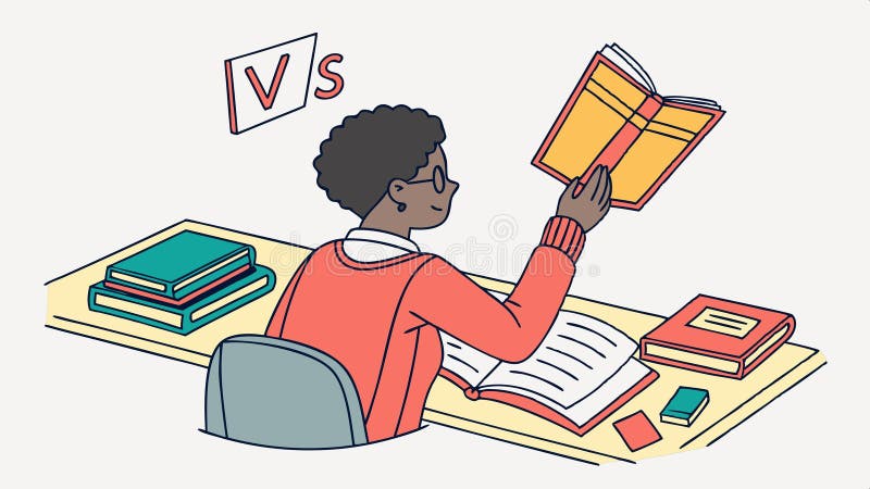 Persona leyendo un libro con pensamientos Vs diseño vectorial de conocimiento educativo IA generativa libre illustration