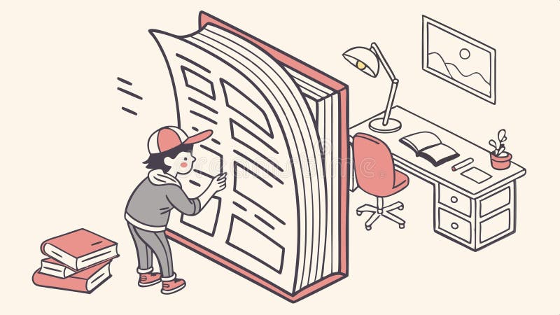 Persona leyendo un libro gigante en un escritorio, ilustración vectorial de educación y aprendizaje de conocimientos, IA generativ stock de ilustración