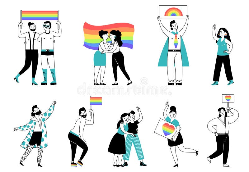  Persona Lgbtq. Orgullo Jóvenes Lgbt La Comunidad. Homosexual Desfile Dibujos Animados Gay Lesbianas Pareja En El Amor Sostienen Ar Ilustración del Vector