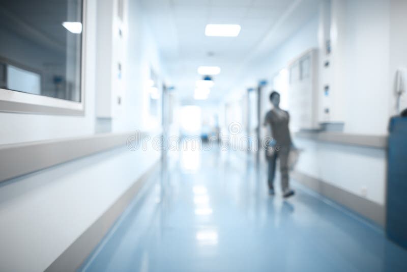 Persona médica que camina en el pasillo del hospital, fondo unfocused