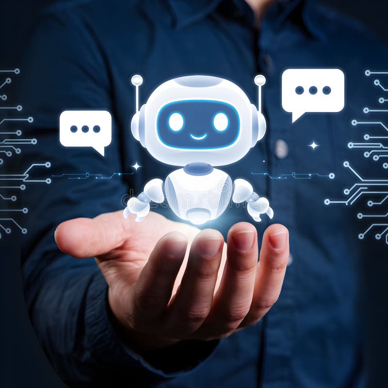 Persona presenta chatbot holográfico con cara robótica azul y antenas libre illustration