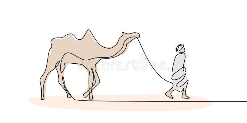 Persona que camina con el camello en diseño mínimo continuo del dibujo lineal del postre uno ilustración del vector
