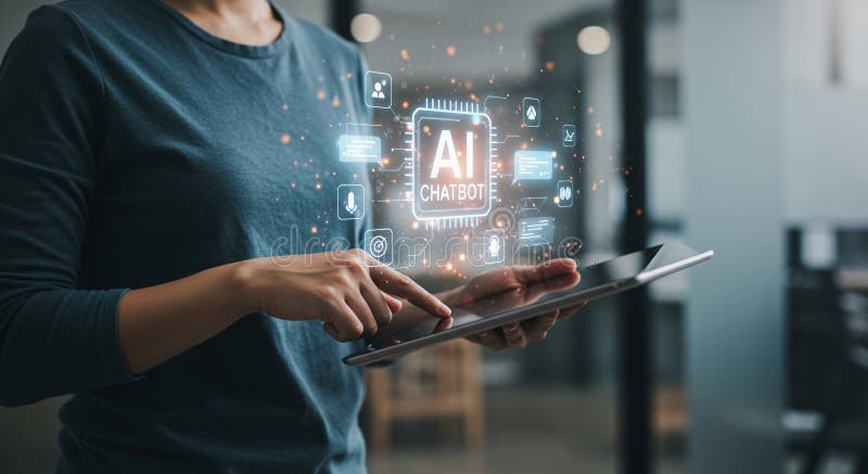 Persona que utiliza tableta con pantalla holográfica de bot de chate de AI en un espacio de trabajo moderno. Ai Generado stock de ilustración