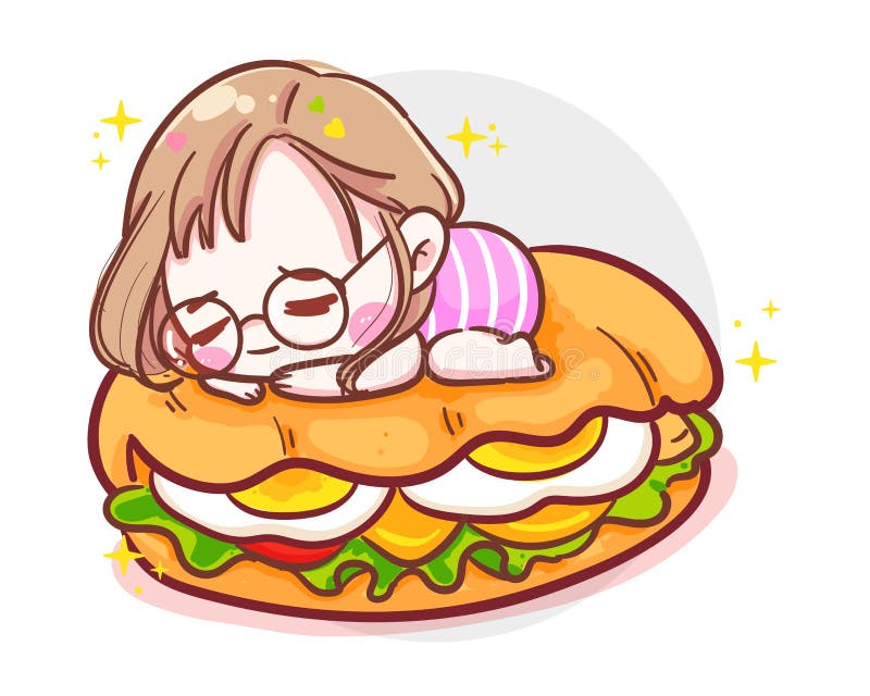 Personagem bonitinho dormindo num hambúrguer delicioso ou presunto sanduíche isolado em fundo branco com refeição rápida ilustração royalty free