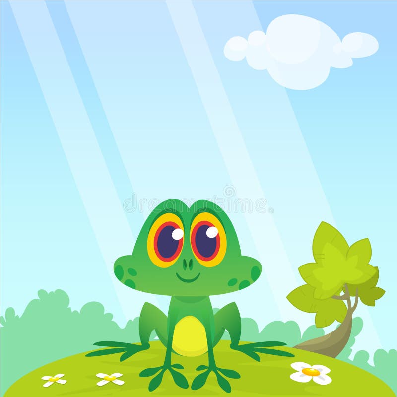 Personagem de banda desenhada da rã que senta-se na terra isolada no fundo da floresta Ilustração colorida do vetor ilustração royalty free Personagem de banda desenhada da rã que senta-se na terra isolada no fundo da floresta Ilustração colorida do vetor ilustração royalty free