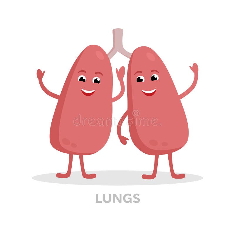 Personagem de banda desenhada saudável forte dos pulmões isolado no fundo branco Projeto liso do vetor feliz do ícone dos pulmões