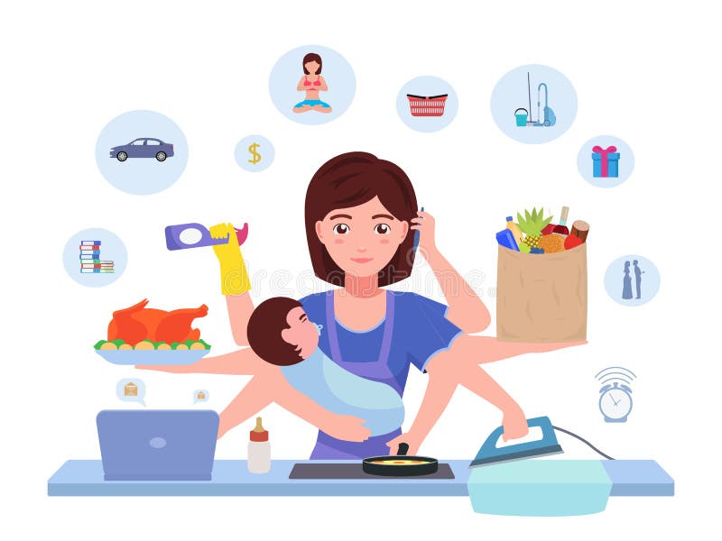 Busy mom. Cartoon character multitasking super mother with baby doing household chores. Vector illustration woman busy mom housewife is doing housework. Housewife juggles household stuff. Busy mom. Cartoon character multitasking super mother with baby doing household chores. Vector illustration woman busy mom housewife is doing housework. Housewife juggles household stuff.