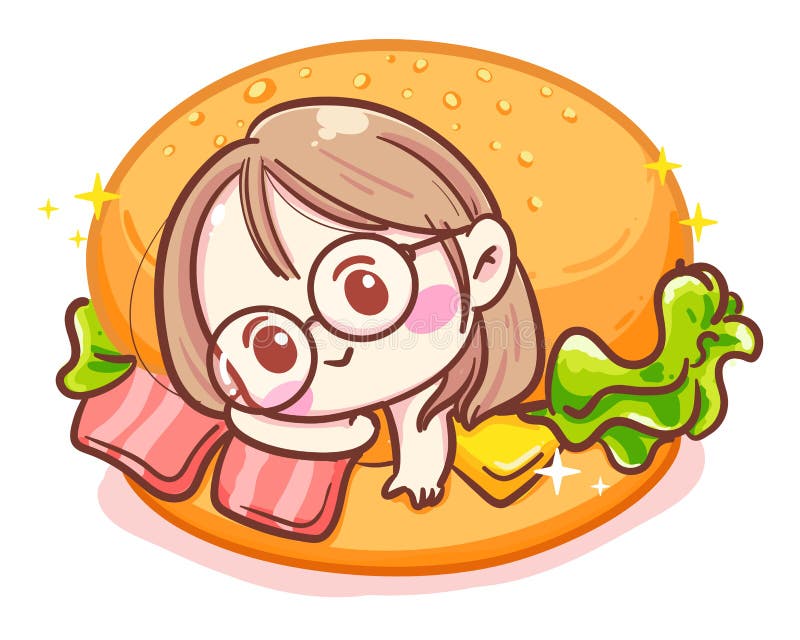 Personagem de garota fofa e hambúrguer delicioso ou presunto sanduíche isolado em fundo branco com refeição rápida ilustração royalty free