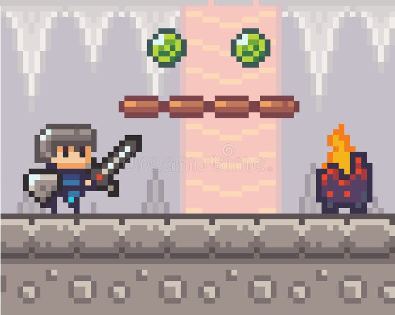 Um homem lutando contra o grande dragão em fogo ativo de jogo de pixel art