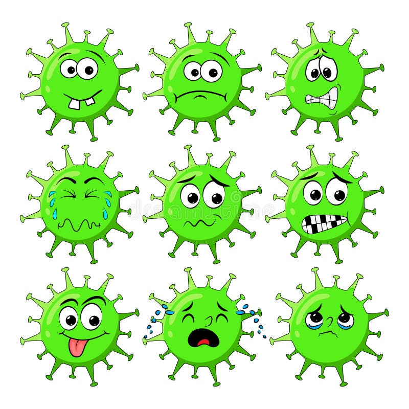 Personagem do vírus da corona verde com expressão triste. ilustração do vetor do coronavírus com expressão facial, grande conjunto