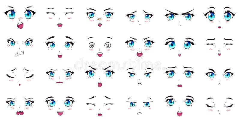 Expressão de mangá. expressões faciais de garota anime. olhos, boca e  nariz, sobrancelhas em estilo japonês. conjunto de vetores de desenhos  animados de emoções de mulher mangá. ilustração personagem manga facial  girl