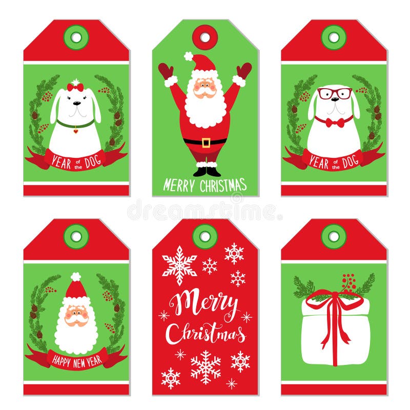 Personagens de banda desenhada bonitos do Natal de Santa Claus e do cão como o símbolo do ano como etiquetas ilustração stock Personagens de banda desenhada bonitos do Natal de Santa Claus e do cão como o símbolo do ano como etiquetas ilustração stock