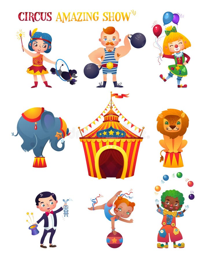 Personagens de banda desenhada do circo ajustados Clowness, homem forte, instrutor, elefante, leão, mágico, acrobata, palhaço Ten