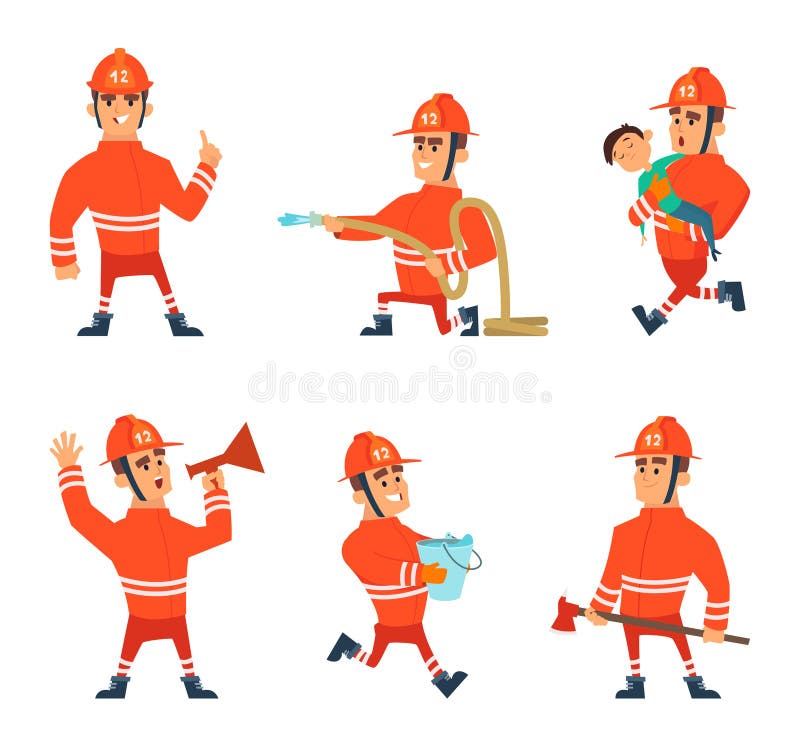 Personagens de banda desenhada dos sapadores-bombeiros em poses da ação ilustração stock Personagens de banda desenhada dos sapadores-bombeiros em poses da ação ilustração stock