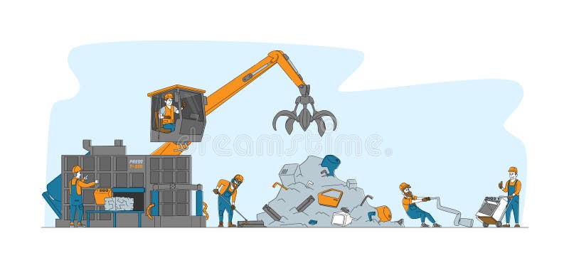 Characters Bring and Recycling Old Metal Things and Broken Technique on Junkyard or Plant. Scrapmetal Recycle Industry, Trash Reuse. Crane Arm Loading Metal Scrap. Linear People Vector Illustration. Characters Bring and Recycling Old Metal Things and Broken Technique on Junkyard or Plant. Scrapmetal Recycle Industry, Trash Reuse. Crane Arm Loading Metal Scrap. Linear People Vector Illustration