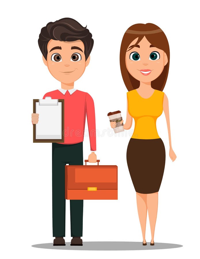 Personaggi dei cartoni animati dell'uomo di affari e della donna di affari Giovani sorridenti in abbigliamento casual astuto illustrazione di stock Personaggi dei cartoni animati dell'uomo di affari e della donna di affari Giovani sorridenti in abbigliamento casual astuto illustrazione di stock