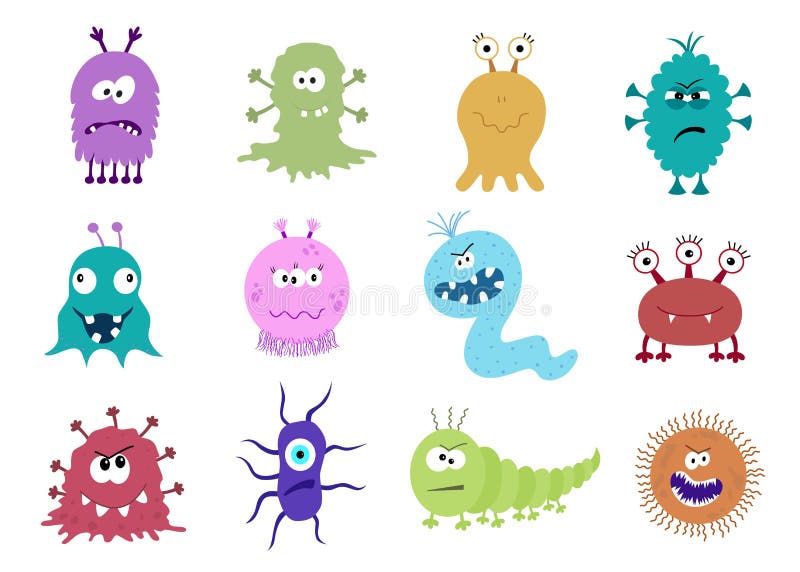 Funny and scary bacteria cartoon characters isolated on white background. Cute kids toy Halloween monsters. Set of good and bad microbs in flat style. Vector icons of gut and intestinal flora, germs, virus. Funny and scary bacteria cartoon characters isolated on white background. Cute kids toy Halloween monsters. Set of good and bad microbs in flat style. Vector icons of gut and intestinal flora, germs, virus.