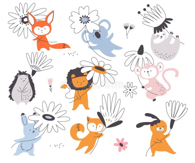 Cute animals characters holding big flowers dancing, floating or standing with blooms spring set. Funny baby fox, koala, lion, hedgehog, hare, bunny, monkey, sloth fairytale mascot vector illustration. Cute animals characters holding big flowers dancing, floating or standing with blooms spring set. Funny baby fox, koala, lion, hedgehog, hare, bunny, monkey, sloth fairytale mascot vector illustration