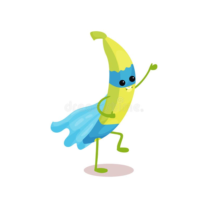 Personaggio dei cartoni animati allegro della banana del supereroe con capo blu e della maschera nell'azione illustrazione vettoriale Personaggio dei cartoni animati allegro della banana del supereroe con capo blu e della maschera nell'azione illustrazione vettoriale