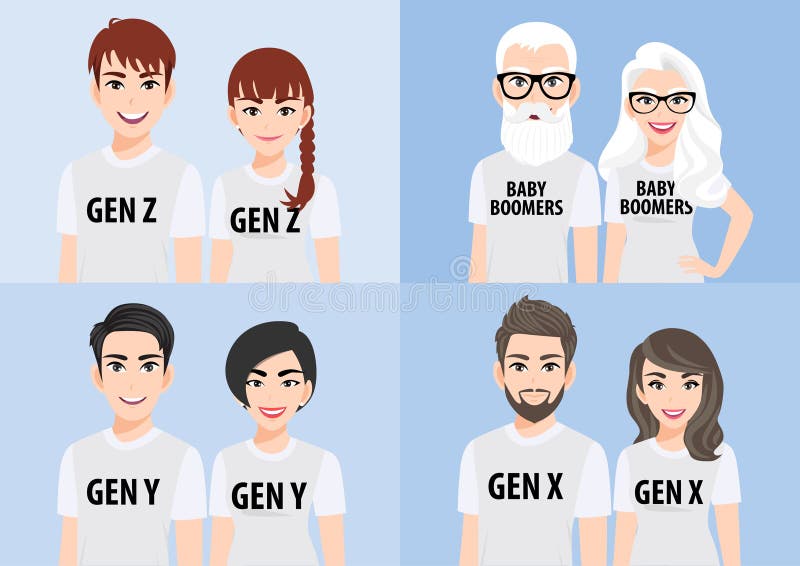 Cartoon character with generations concept. Baby boomers, generation x, generation y or millennial, generation z. Family people in white T-shirt casual on blue background, flat icon design vector. Cartoon character with generations concept. Baby boomers, generation x, generation y or millennial, generation z. Family people in white T-shirt casual on blue background, flat icon design vector