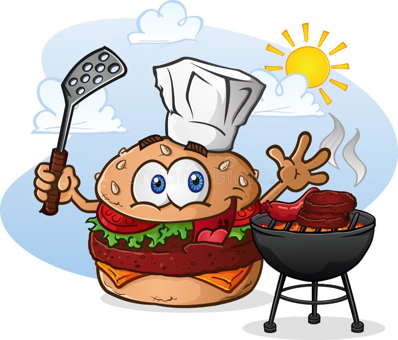 A cheeseburger chef cartoon character, grilling hamburgers and hotdogs over a charcoal grill outside in summer. A cheeseburger chef cartoon character, grilling hamburgers and hotdogs over a charcoal grill outside in summer