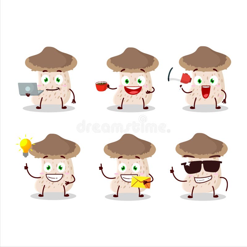 Personaggio dei cartoni animati del fungo di shiitake con i vari tipi di emoticon di affari illustrazione di stock