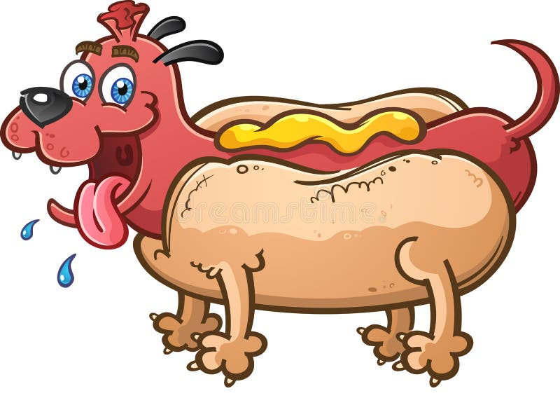 A smiling hot dog cartoon mutt happily drooling and wagging it's tail. A smiling hot dog cartoon mutt happily drooling and wagging it's tail