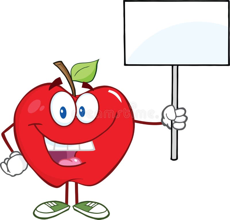 Personaggio dei cartoni animati rosso di Apple che ostacola un segno in bianco illustrazione vettoriale Personaggio dei cartoni animati rosso di Apple che ostacola un segno in bianco illustrazione vettoriale