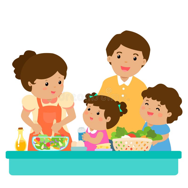 Personaggio dei cartoni animati sano dell'alimento del cuoco felice della famiglia insieme