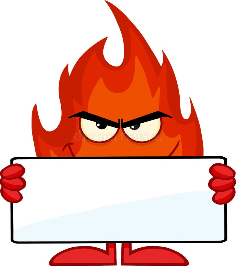 Personaggio dei cartoni animati sorridente del fuoco che tiene un'insegna in bianco illustrazione di stock