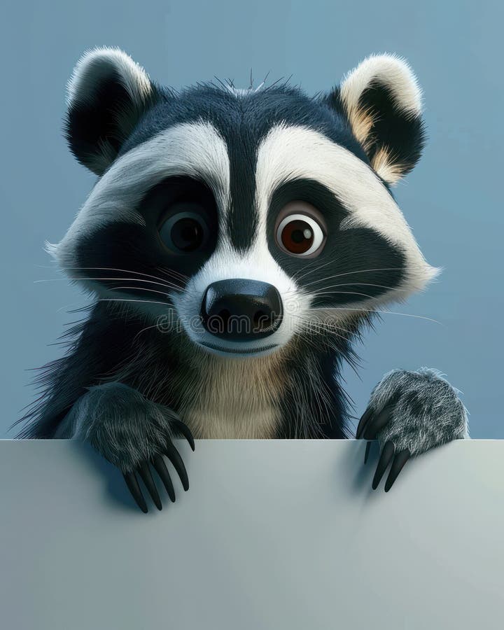 Personaggio di procione animato adorabile che sbircia su una superficie bianca con grandi occhi ed espressioni carine in un'illust illustrazione di stock