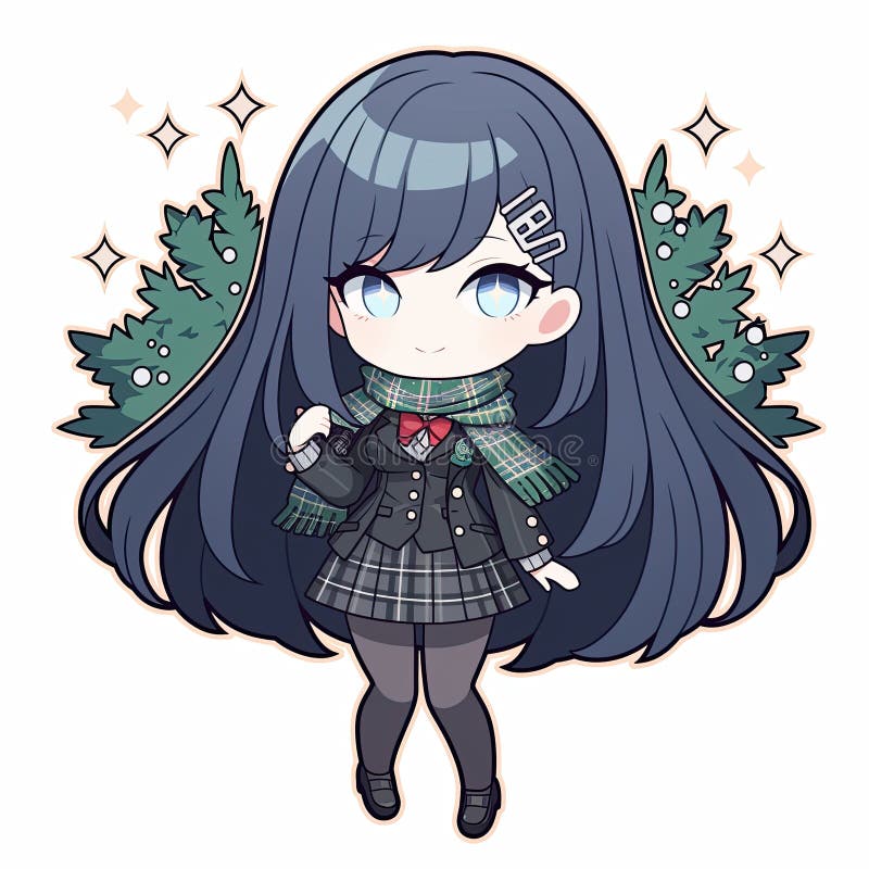 Personaj Chibi cu părul lung albastru îmbrăcat în uniformă școlară și eșarfă stock illustration