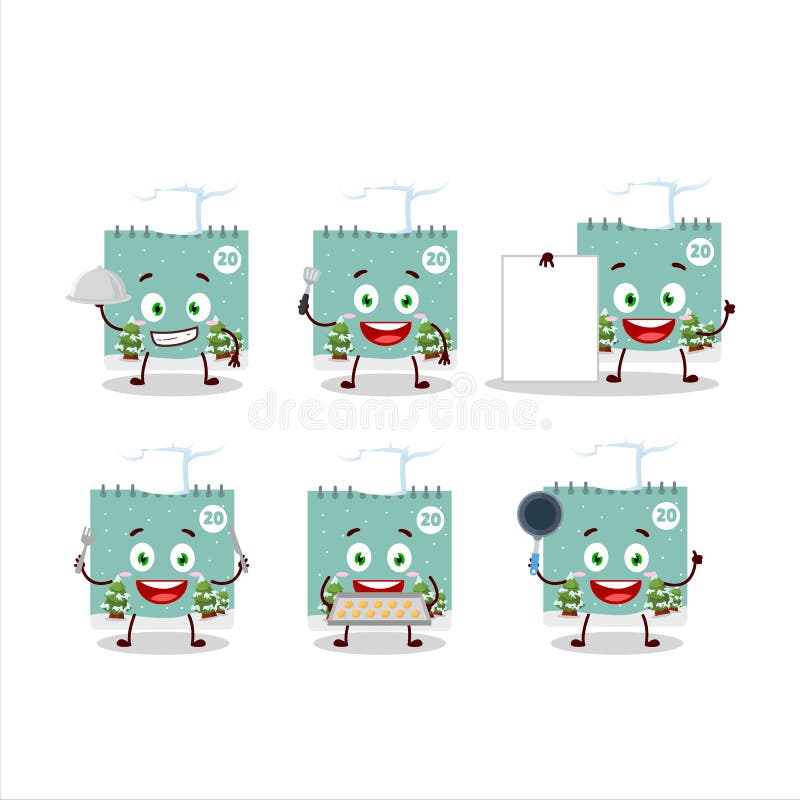 Personaj din desene animate din calendarul din 20 decembrie cu diferite emotigrame de bucătar stock illustration
