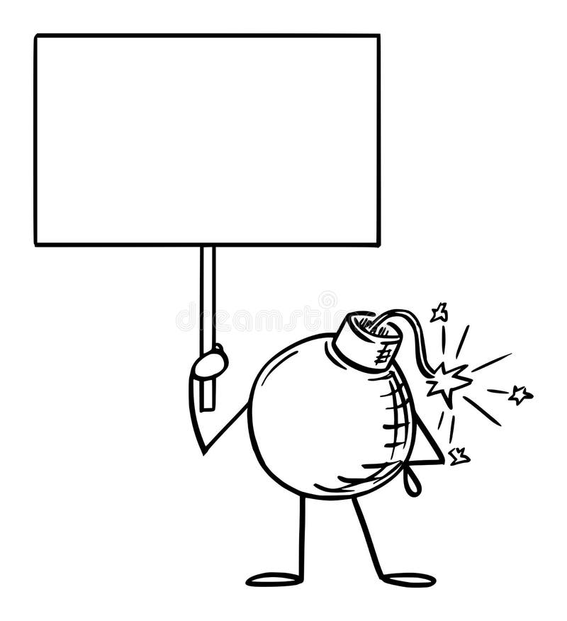Personaj din desene animate cu bombă retro-bombă care deține un semn gol în mână. ilustrare vectorială stock illustration