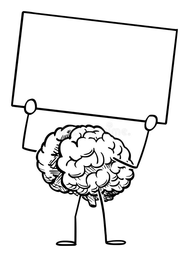 Personaj din desene animate pe creier uman care ține un semn gol în mână. ilustrare vectorială stock illustration