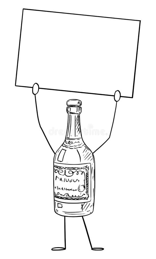 Personaj din desenul cu sticlă de lichior care conține un indicator gol în ilustrația vectorului de mână stock illustration
