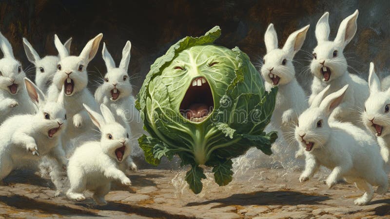 Personaj din Rabbit Chase Scene. Opera de artă unică a unei varză cu o față țipătoare urmărită de un grup de iepuri albi încântați. Un concept creativ și distractiv de povestire vizuală. Generația AI generată