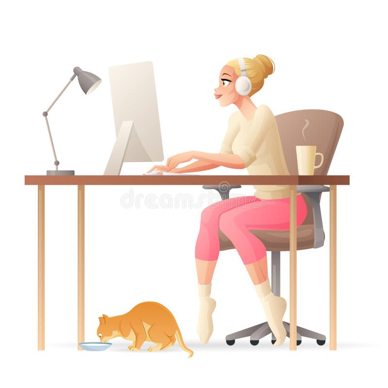 Personaj independent care lucrează la birou acasă cu computer desktop. stock illustration