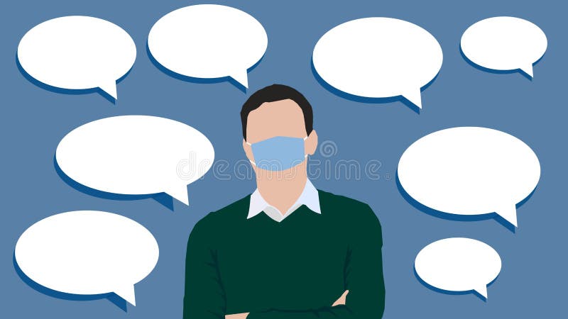 Personaj masculin față într-o mască cu bule de vorbire în jurul lui pe fundal albastru royalty free stock photography