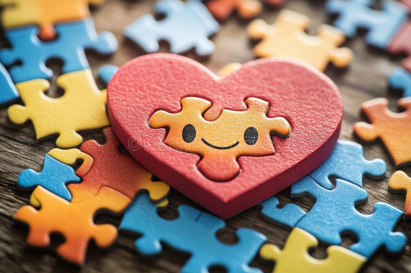 Personaj în formă de inimă care asamblează un puzzle colorat pe o masă care îmbrățișează creativitatea distractivă stock photo