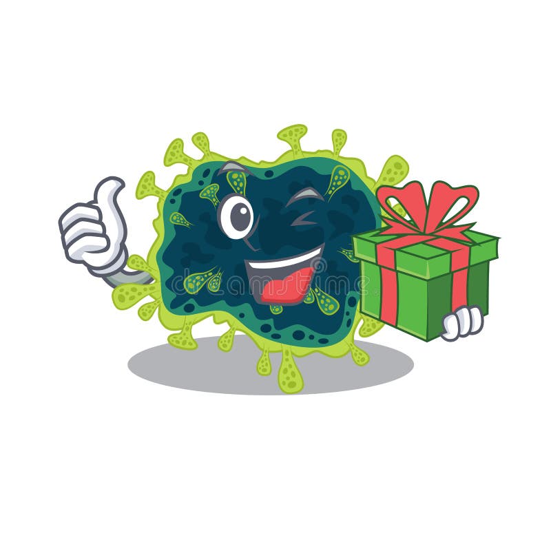 Smiley beta coronavirus cartoon character having a gift box. Vector illustration. Smiley beta coronavirus cartoon character having a gift box. Vector illustration