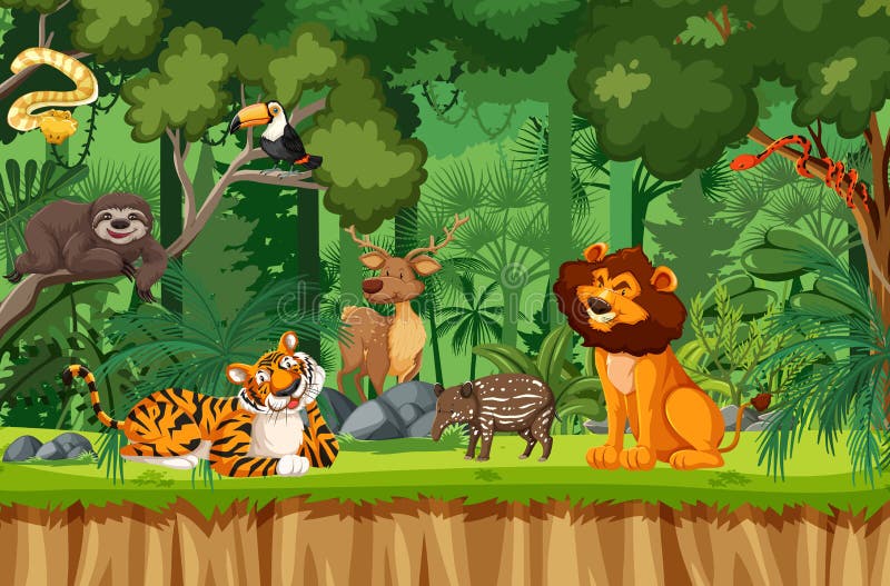 Personaje De Dibujos Animados De Animales Salvajes En La Escena Del Bosque  Ilustración del Vector - Ilustración de aventura, afuera: 216386136